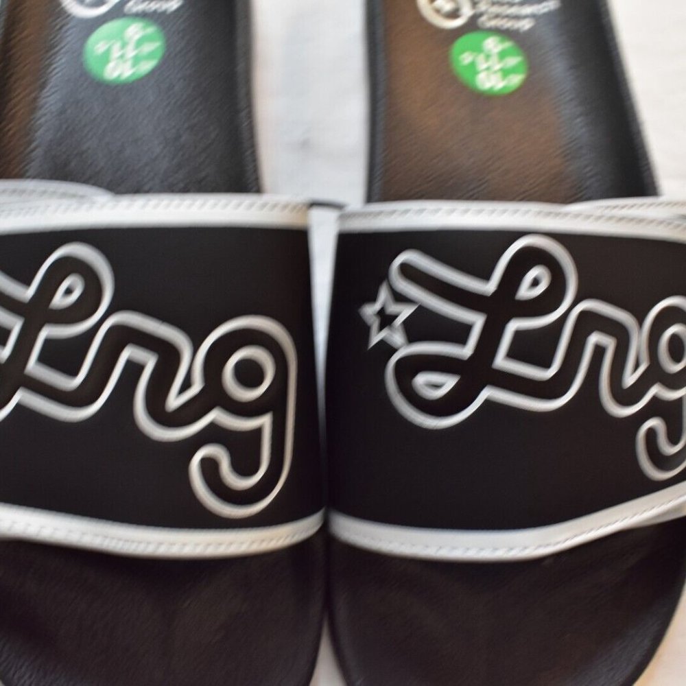 Lifted Research Group LRG Mens Cursive Logo Slides Black Sandals Shoes New 10 - Picture 2 of 6